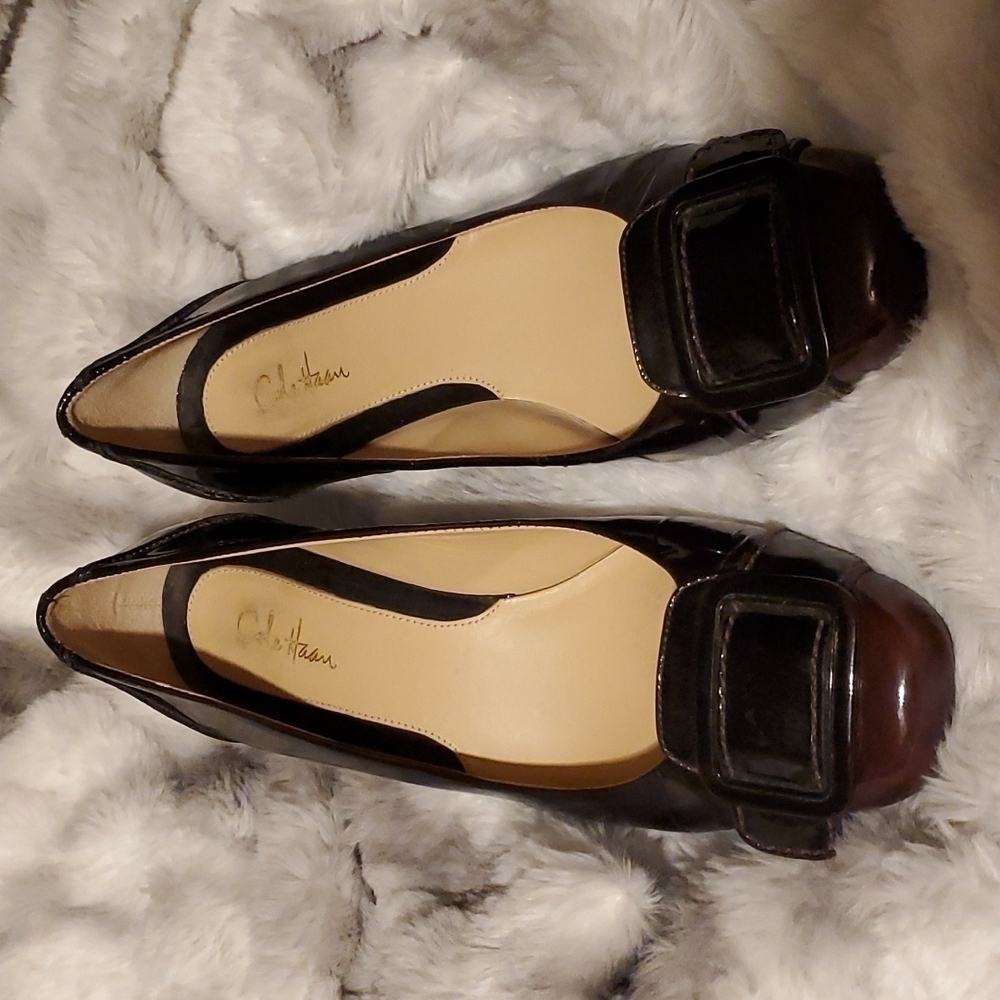 Cole Haan| Black Brown Leather Buckle Toe Kitten Heels Office Career Wear 7.5